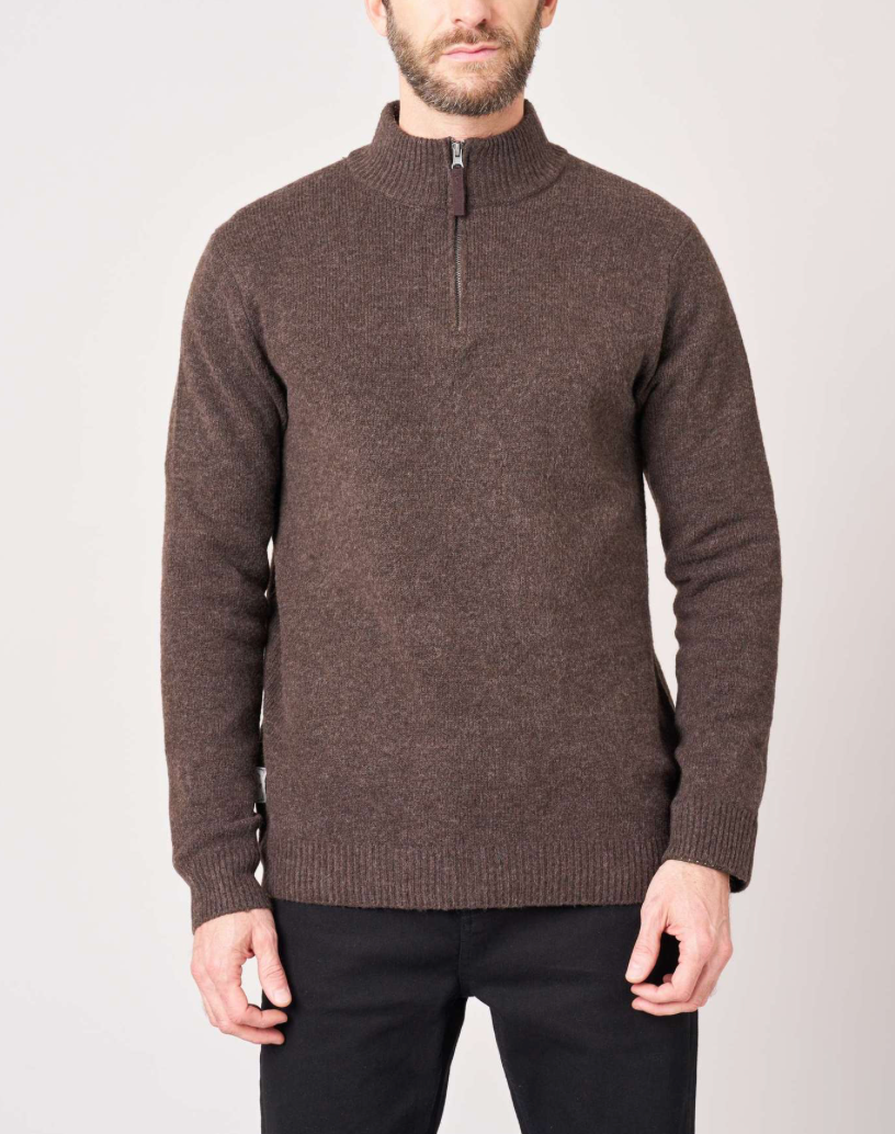 Pull col camionneur homme Deeluxe GALILEO marron chiné en maille zippée – vue 4