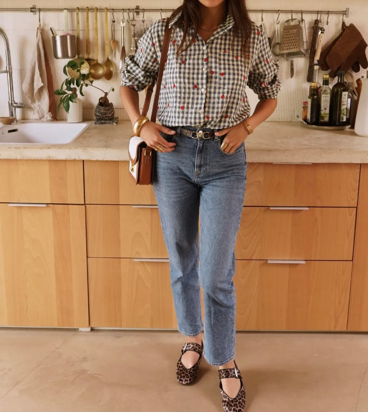 Chemise Femme à carreaux, détail petits coeurs rouge LANA