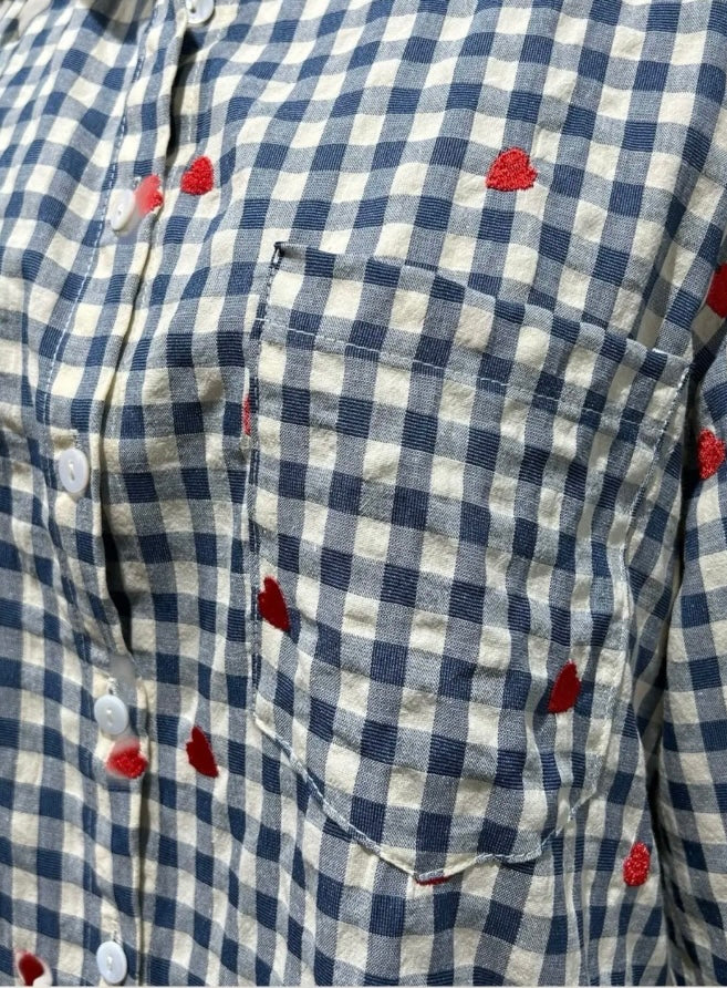 Chemise Femme à carreaux, détail petits coeurs rouge LANA
