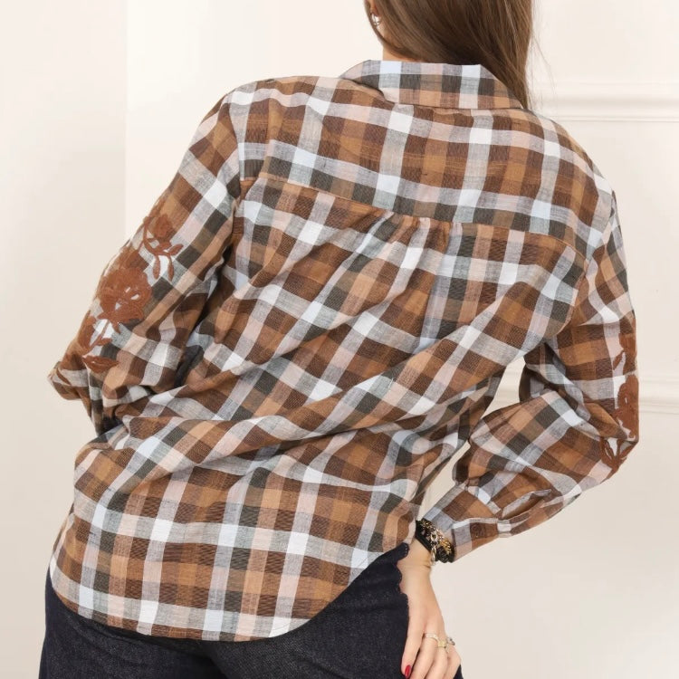 Chemise Femme à carreaux fleurs brodée JESSICA