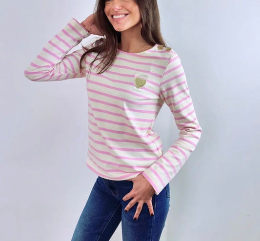 Top Mariniére Femme Rose & Blanc coeur doré GRACE