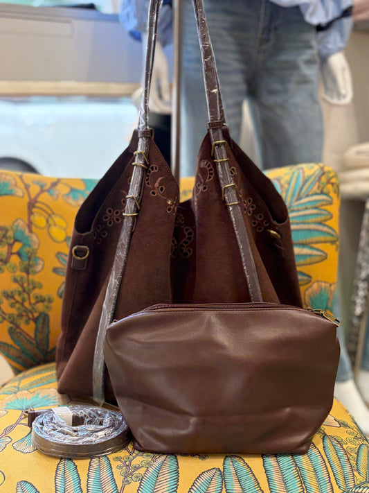 Grand Sac Cabas Suédine Brodée & Pochette SIENNA