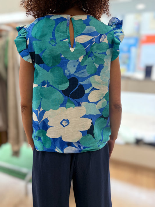 Top Volanté LÉA Imprimé Floral Bleu & Émeraude