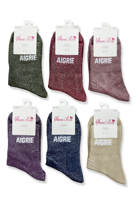 Chaussettes à paillettes Femme message "AIGRIE"