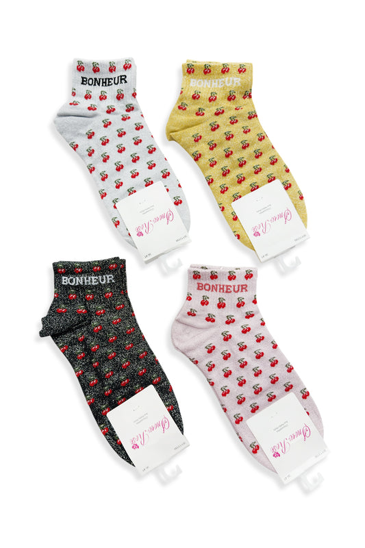 Chaussette à paillette message"BONHEUR"cerise