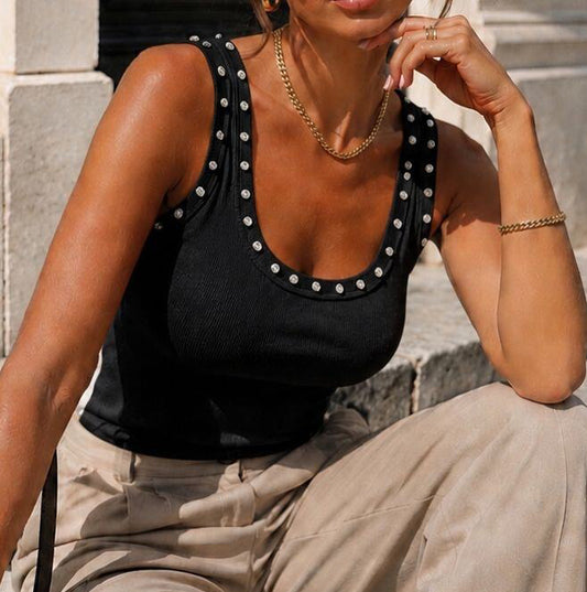Débardeur Femme Côtelé à Strass BELLA (version noir)