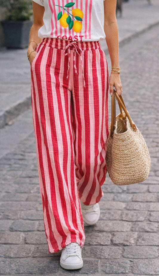 Pantalon Femme Fluide en Gaze de Coton TAORMINA (Version Rouge)