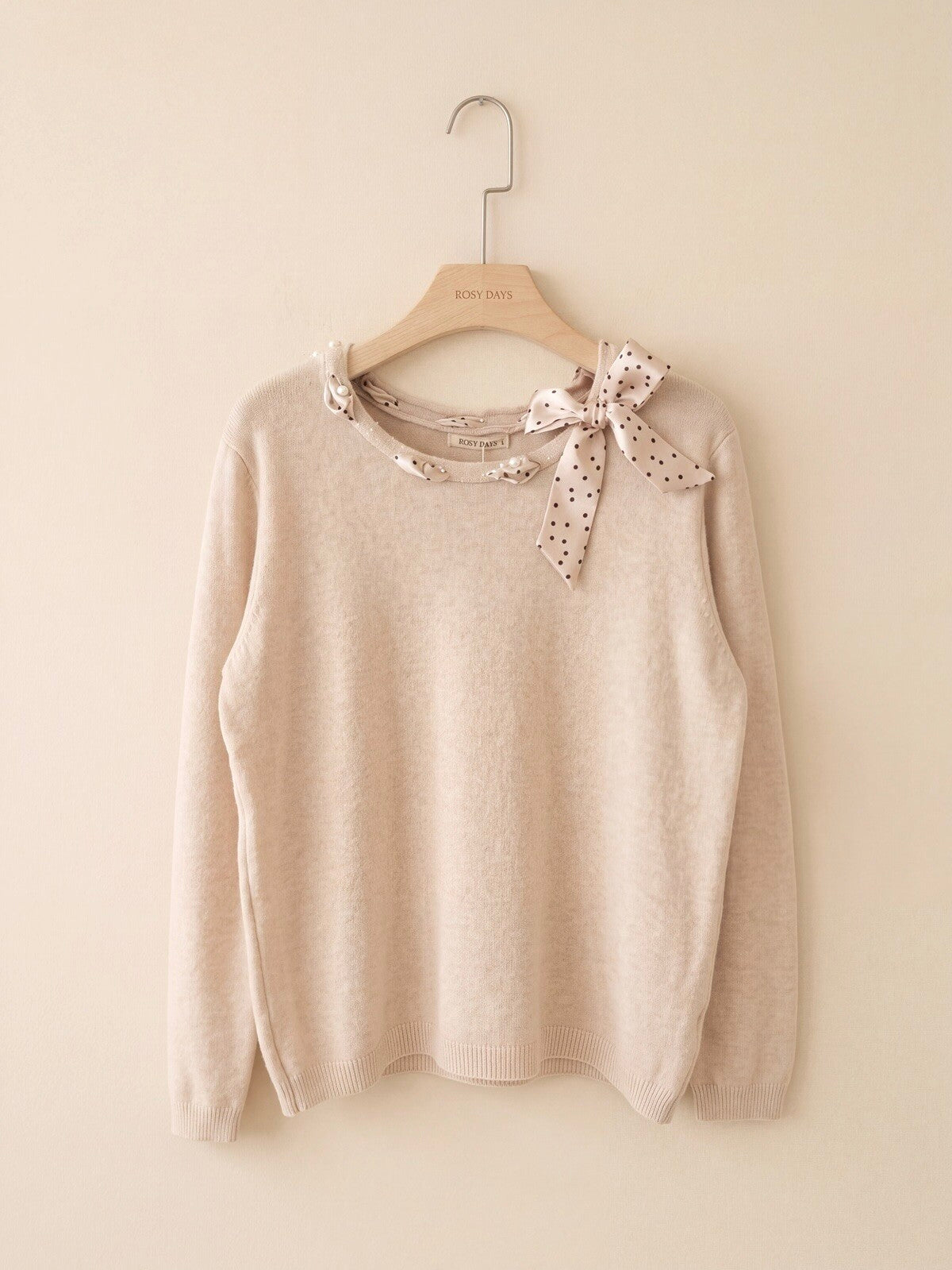 Pull Femme Écru Foulard à Pois CAMILLE Col Nœud Satiné & Maille Douce
