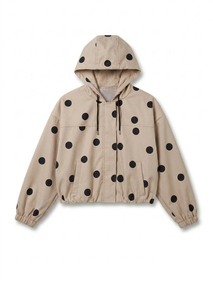 Veste Courte Femme à Capuche LOU Imprimé Pois Beige