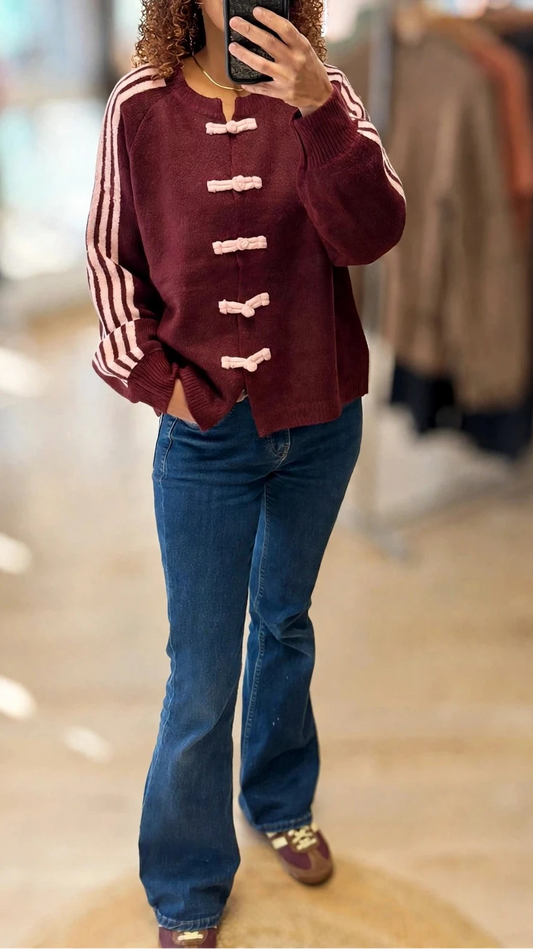 Gilet Femme en Maille ALIX - Bordeaux, Manches Ballon & Brandebourgs