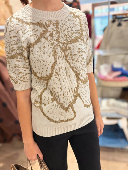 Pull Fin Manches Courtes CÉLIA Jacquard Floral & Fils Dorés