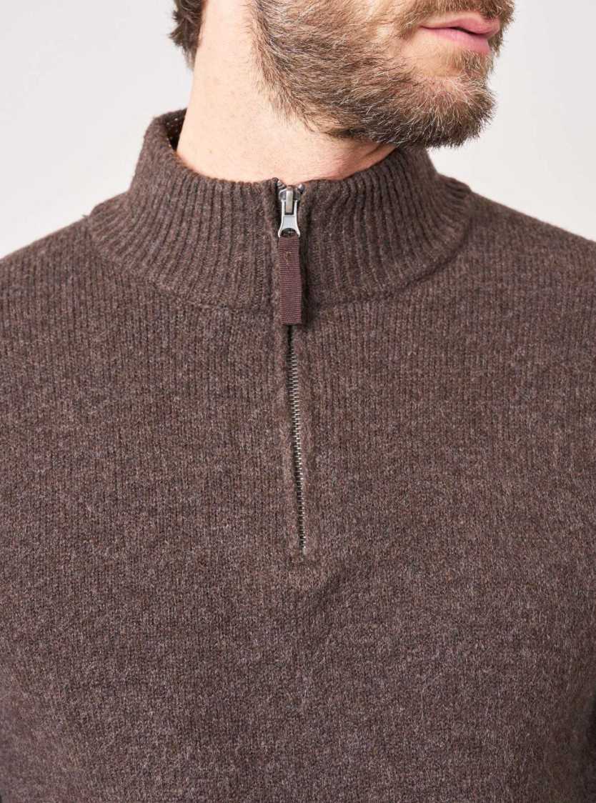 Pull col camionneur homme Deeluxe GALILEO marron chiné en maille zippée – vue 2