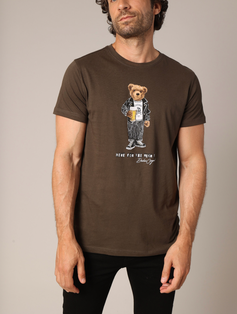 T-shirt homme BEBEAR coton, imprimé ours motard rebelle avec chope de bière.