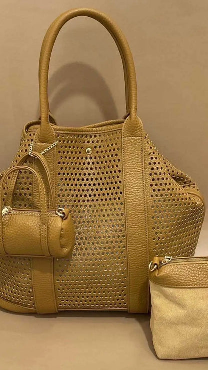 Sac à main Ajouré Camel ,avec porte monnaie et pochette
