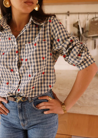 Chemise Femme à carreaux, détail petits coeurs rouge LANA