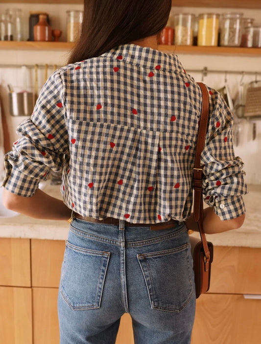 Chemise Femme à carreaux, détail petits coeurs rouge LANA