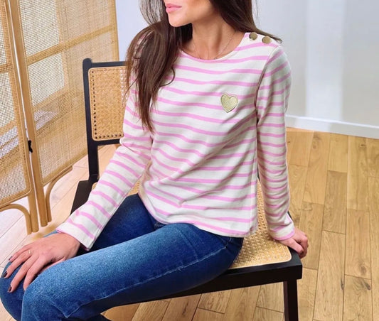 Top Mariniére Femme Rose & Blanc coeur doré GRACE