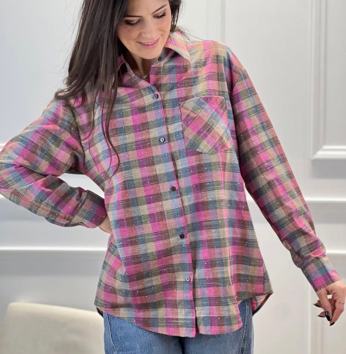 Chemise à carreaux Femme avec Strass