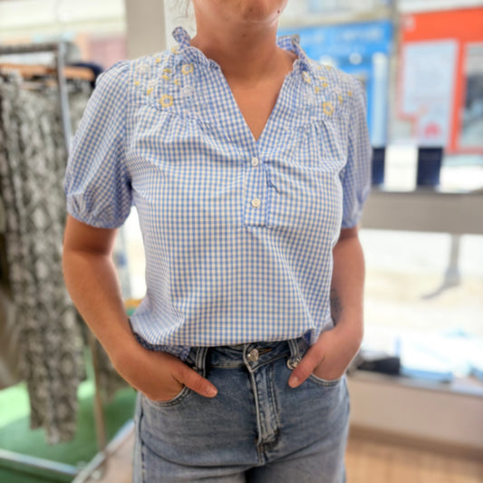 Chemise Vichy Femme Brodée FLORENCE Blue