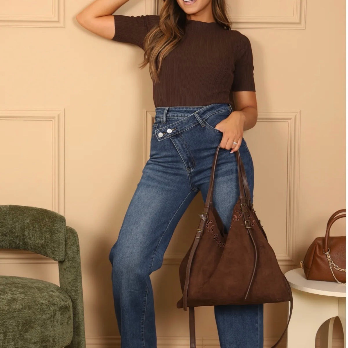 Grand Sac Cabas Suédine Brodée &  Pochette SIENNA