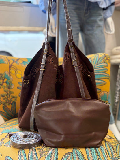 Grand Sac Cabas Suédine Brodée &  Pochette SIENNA
