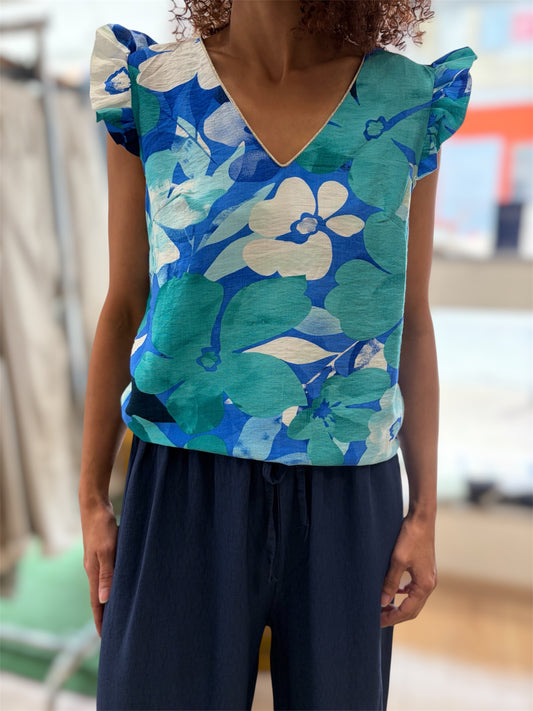 Top Volanté LÉA Imprimé Floral Bleu & Émeraude