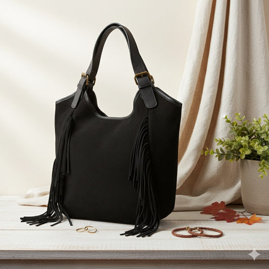 Sac cabas LOLI en daim à franges, anses en cuir contrasté.Made in Italy