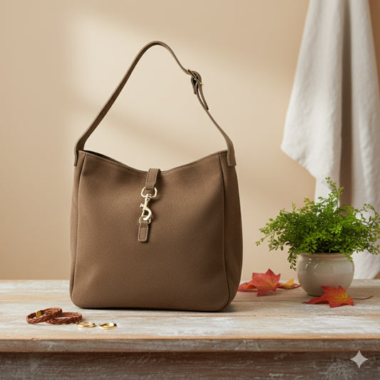 Sac porté épaule femme MOLLY en daim 100% cuir couleur taupe fabriqué en Italie.