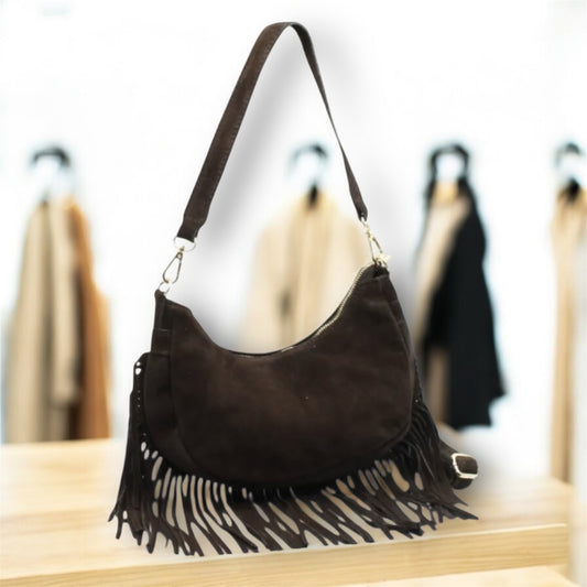 Sac à bandoulière en daim 100% cuir marron foncé ZARA Vimoda fabriqué en Italie.