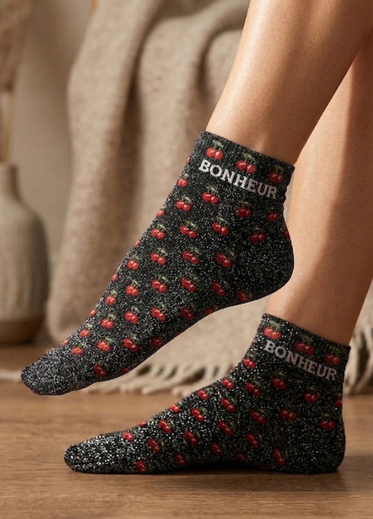 Chaussette à paillette message"BONHEUR"cerise