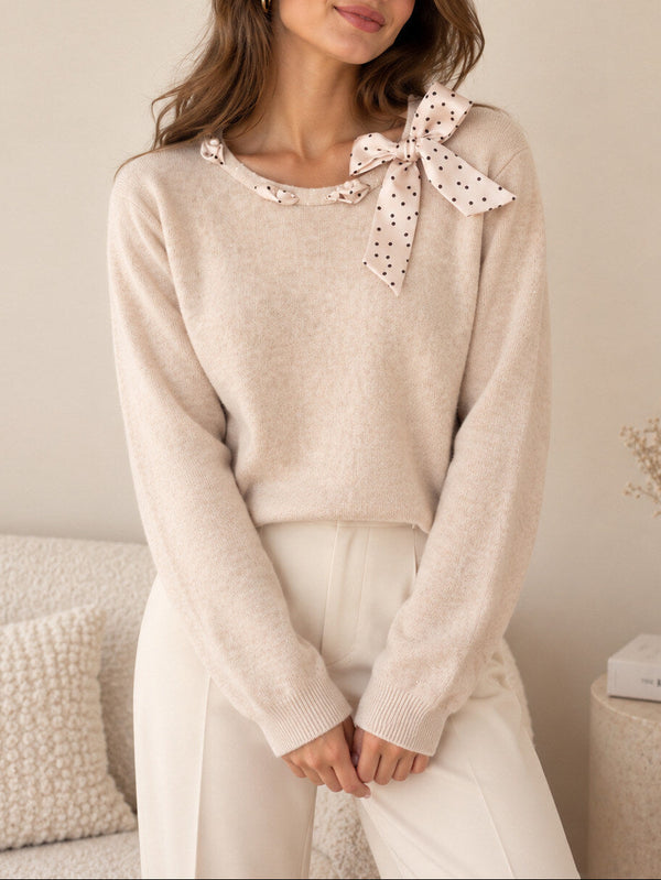 Pull Femme Écru Foulard à Pois CAMILLE Col Nœud