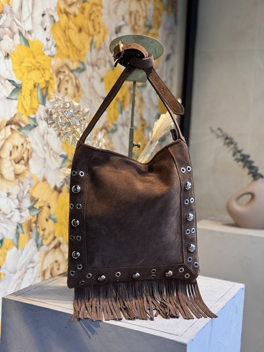 Sac Femme porté travers avec des franges, en croûte de cuir de vachette INYA