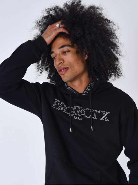 Sweat à capuche homme Project X Paris doublé polaire avec broderie contour noire.
