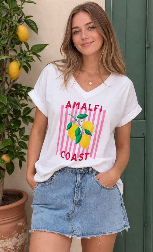 T-Shirt Col V AMALFI Imprimé Citrons