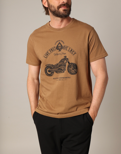 T-shirt homme 100% coton PARK Deeluxe avec motif moto et slogan rebelle.
