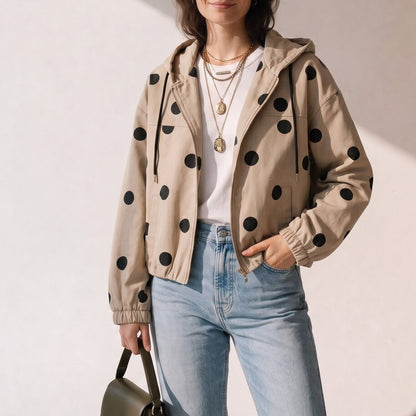 Veste Courte Femme à Capuche LOU Imprimé Pois Beige