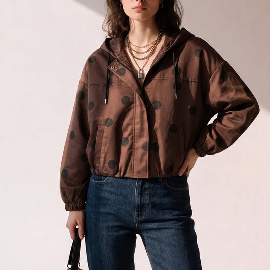 Veste Courte Femme à Capuche LOU  Imprimé Pois Chocolat